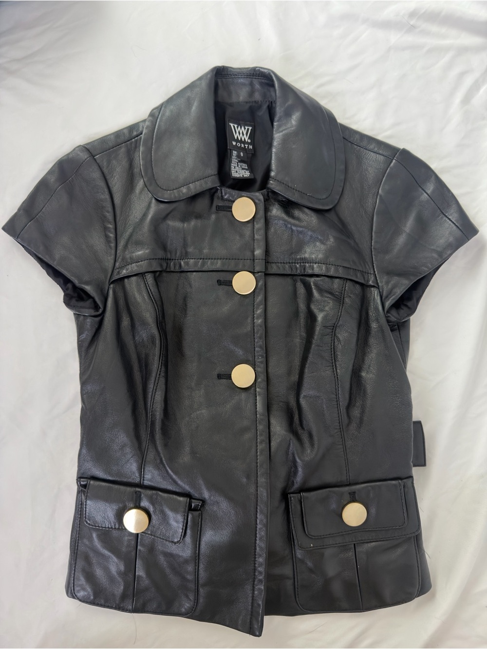 short sleeve leather button top with button waist belt xs-m